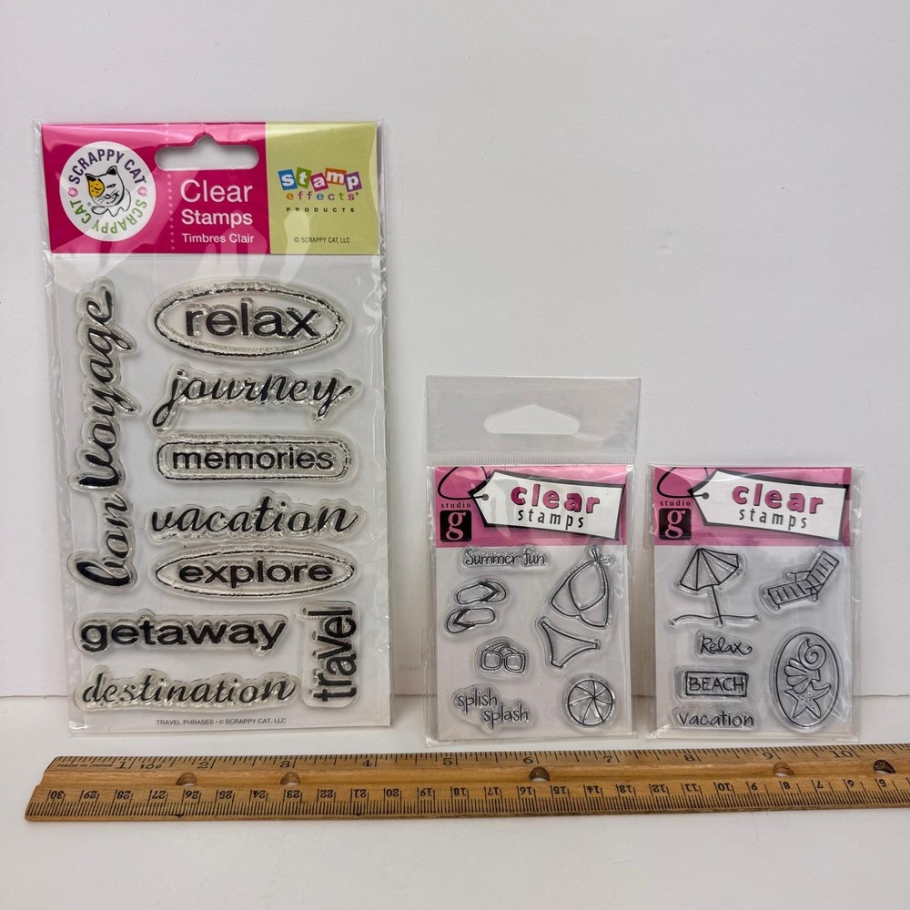 3 packs Clear Stamps Scrappy Cat Studio G Vacation Beach Relax Summer Travel Etc